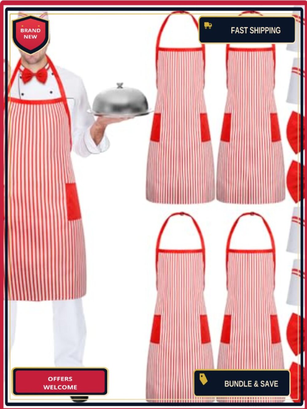 12 Pc Adult 1950s Waiter Costume Kit Aprons Hats Bow Ties Cosplay